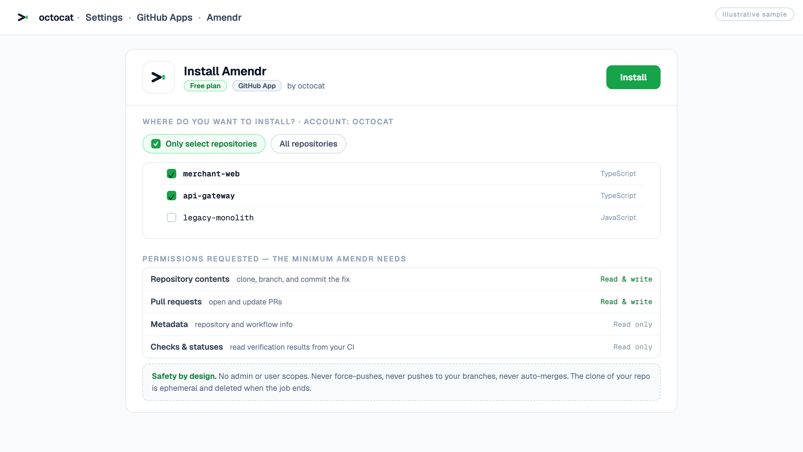 The Amendr editor extension sign-in flow, entering a device code to authorise the editor.